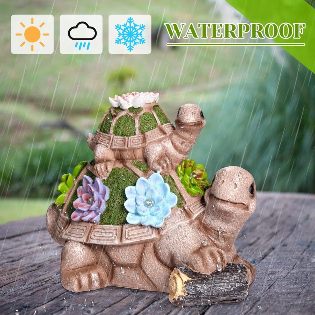 US GARVEE Solar Outdoor Garden Sculptures Statue Resin Turtles Figurine with Succulent and 5 LED