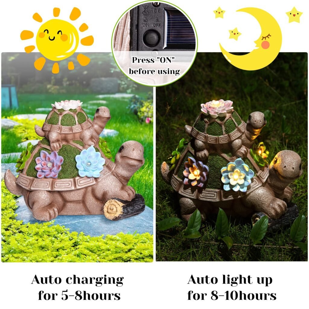 US GARVEE Solar Outdoor Garden Sculptures Statue Resin Turtles Figurine with Succulent and 5 LED