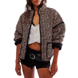 Color: army green, Size: M - Combhasaki Women's Autumn Vintage Y2K Floral Print Quilted Cardigan Parka Coat Long Sleeve Stand Collar Loose Jacket with Pocket