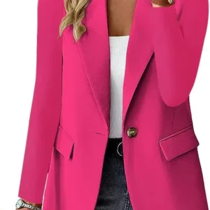 Color: Rose Red, Size: L - Womens Spring Winter Down Full Long Sleeve Coat Autumn Blazer Button Outwear Suit Cardigan Female