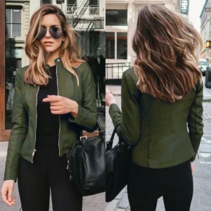 Color: army green, Size: XL - Womens Spring Full Long Sleeve Jacket Coat Autumn Leather Blazer Winter Zipper Outwear Suit Cardigan Female  Jackets