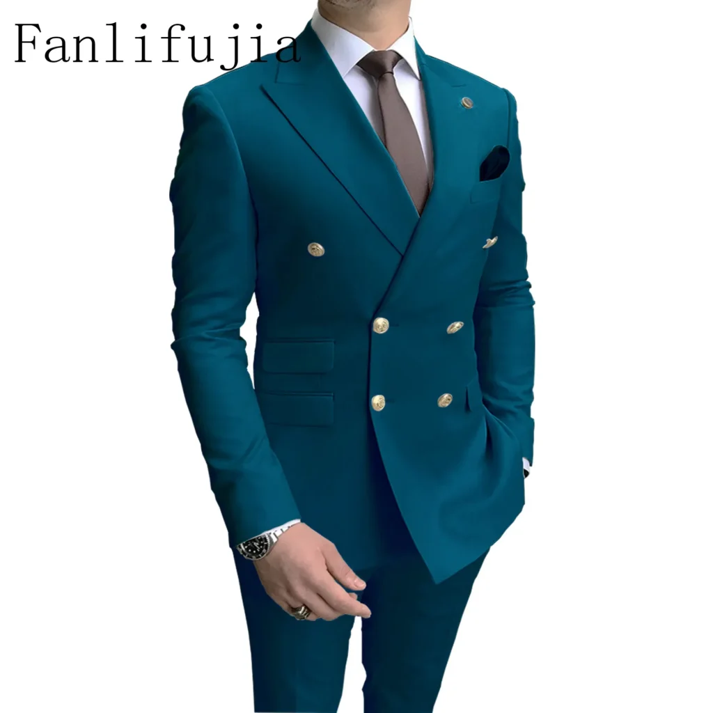 Color: GRAY, Size: 5XL – Fanlifujia Store 2024 Casual Sky Blue Men Suits Double Brested Peak Lapel  Gold Button Groom Wedding Tuxedos Best Costume Homme