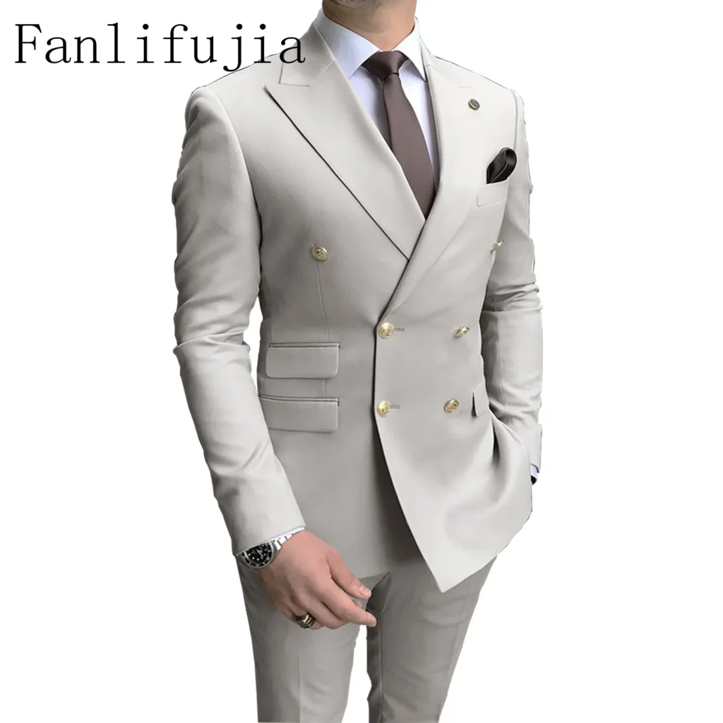 Color: GRAY, Size: 5XL – Fanlifujia Store 2024 Casual Sky Blue Men Suits Double Brested Peak Lapel  Gold Button Groom Wedding Tuxedos Best Costume Homme