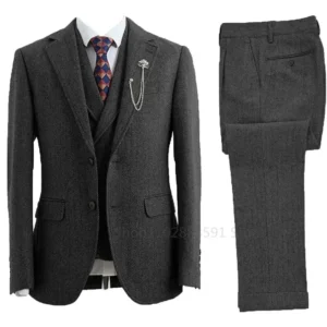 Color: Dark Grey, Size: L - 3 Piece Men Suit Tweed Herringbone Double-Breasted Wedding Tuxedos Size Men Clothing Casual Style Men's Fashion Costume Homme