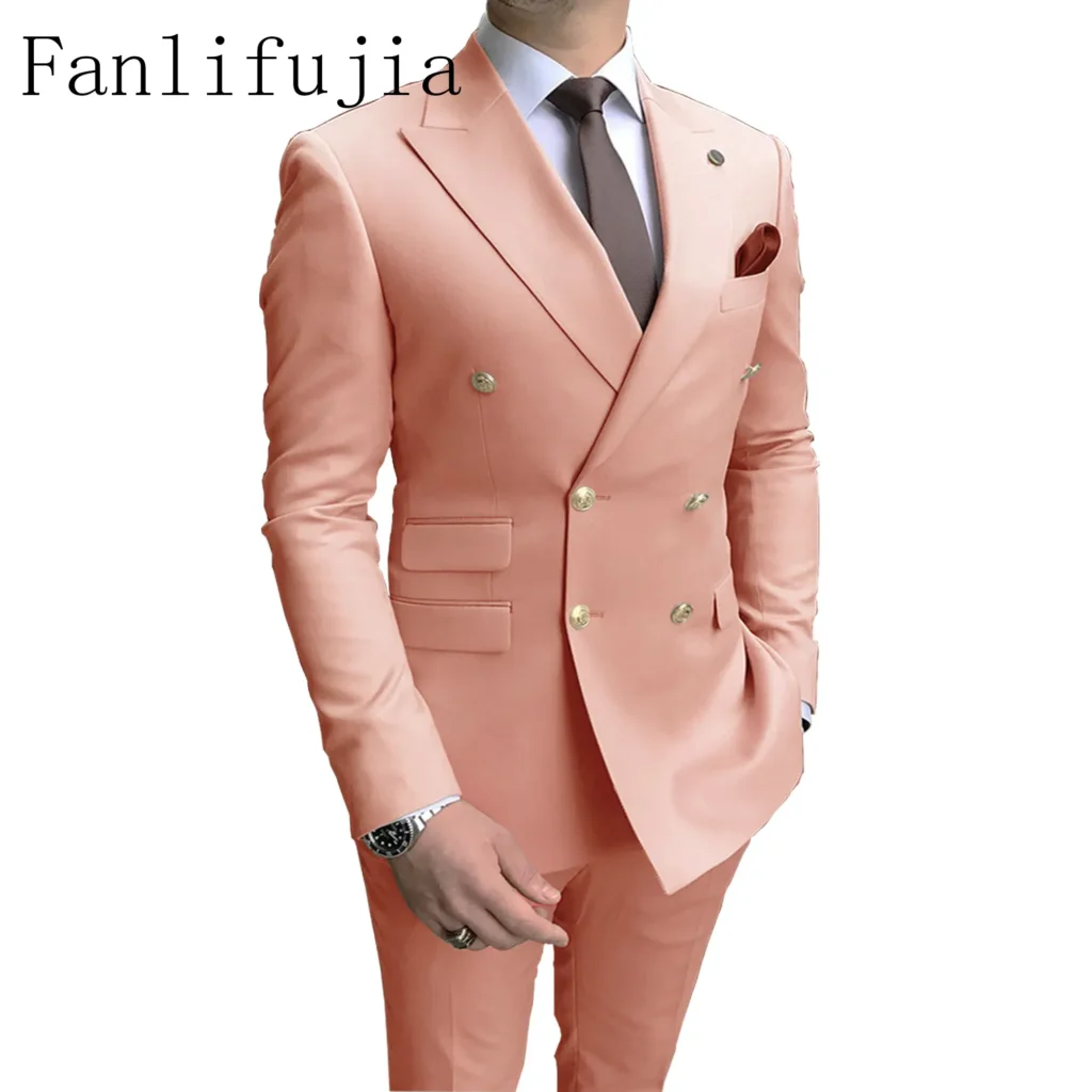 Color: SKY BLUE, Size: S – Fanlifujia Store 2024 Casual Sky Blue Men Suits Double Brested Peak Lapel  Gold Button Groom Wedding Tuxedos Best Costume Homme