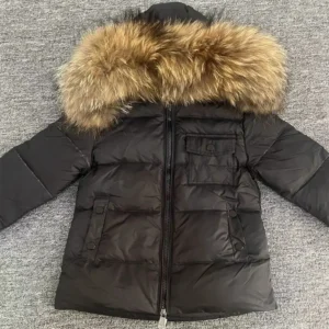 Color: Khaki, Kid Size: 4 - Kids Winter Down Jacket Shiny Real Raccoon Fur Collar Toddler Boys Hooded Coat Baby Girls Warm Snowsuit Children's Parkas