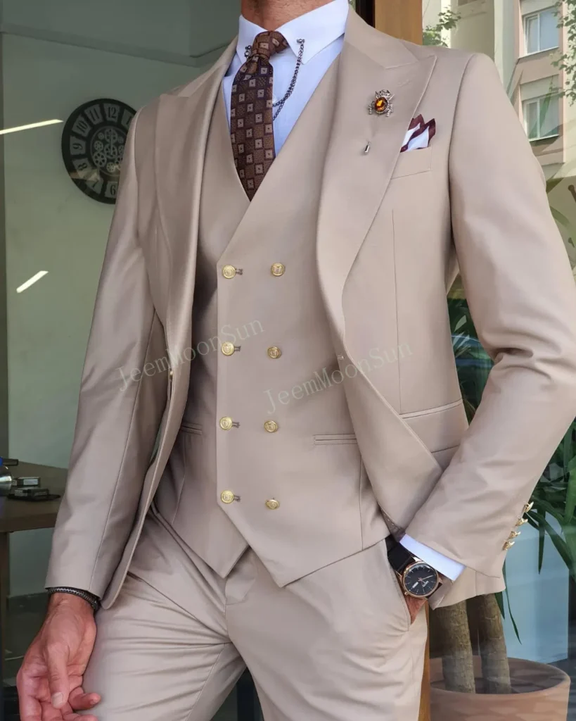 Color: Khaki, Size: L, Ships From: CHINA – 3 Pieces New White Men’s Suit 2022  Peak Lapel Slim Fit Casual Tuxedos Groom Tailor Made Terno Masculino (Blazer+Pants+Vest)