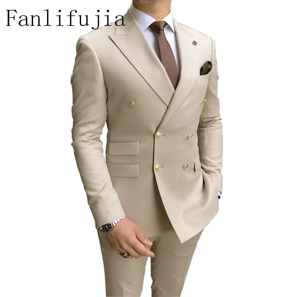 Color: GRAY, Size: 5XL – Fanlifujia Store 2024 Casual Sky Blue Men Suits Double Brested Peak Lapel  Gold Button Groom Wedding Tuxedos Best Costume Homme