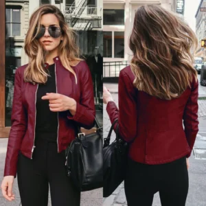 Color: Burgundy, Size: XXXL - Womens Spring Full Long Sleeve Jacket Coat Autumn Leather Blazer Winter Zipper Outwear Suit Cardigan Female  Jackets
