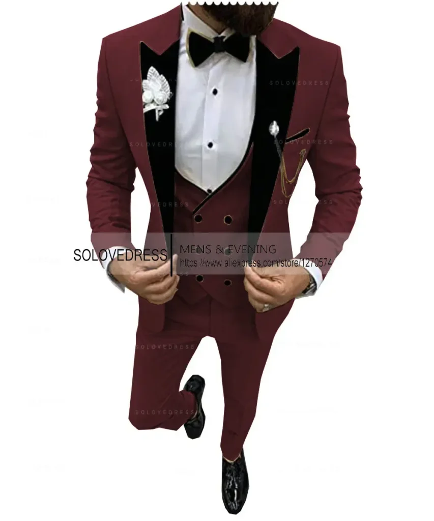 Color: Gold, Size: XXS – Suits for Mens 2024 Casual Business Suit High-end Social Formal Suit 3 Pcs Set Groom Wedding Men( Jacket + Vest + Pants )