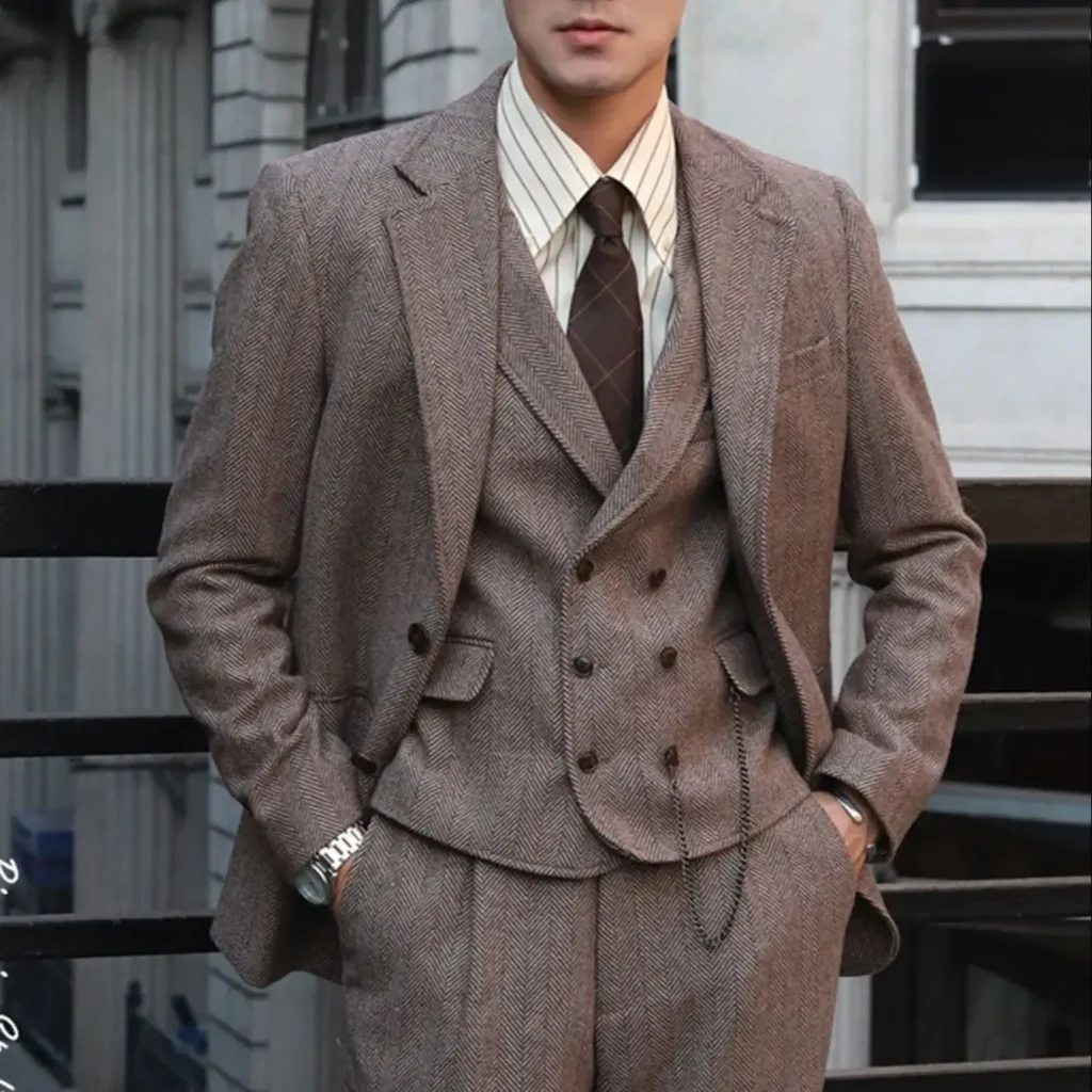 Color: black, Size: M – Tweed Herringbone 3 Pieces Herringbone Men’s Business Suits Single Breasted Slim Fit Groom  Formal Suits?&euro;Blazer+vest+Pants?&permil;