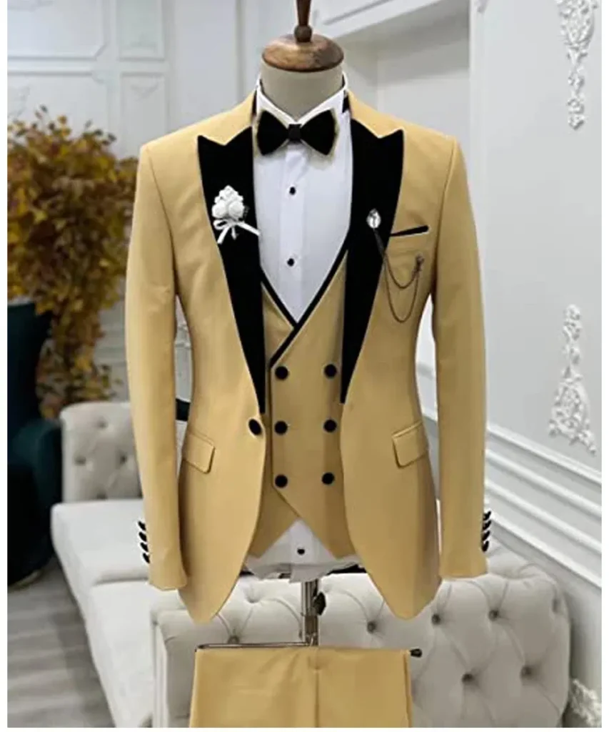 Color: Gold, Size: XXS – Suits for Mens 2024 Casual Business Suit High-end Social Formal Suit 3 Pcs Set Groom Wedding Men( Jacket + Vest + Pants )
