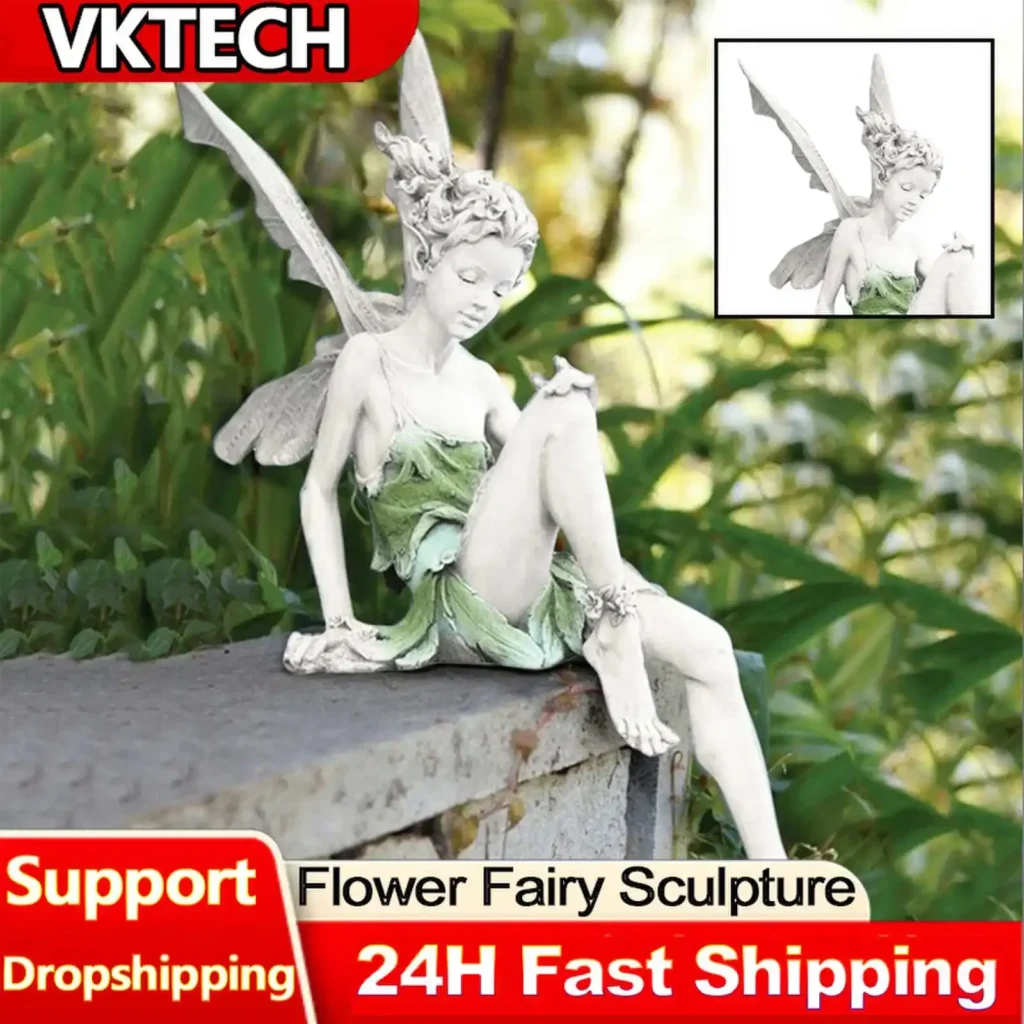 Color: Dark Grey, Ships From: CHINA – Flower Fairy Statue Outdoor Turek Sitting Figurines Decor Figurines Landscaping Girl Sculpture With Wings Resin Craft Yard Decor