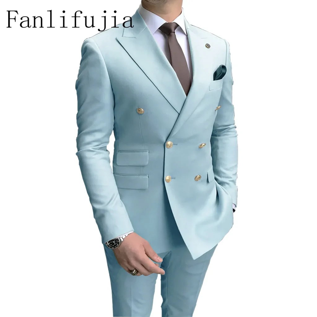 Color: SKY BLUE, Size: S – Fanlifujia Store 2024 Casual Sky Blue Men Suits Double Brested Peak Lapel  Gold Button Groom Wedding Tuxedos Best Costume Homme