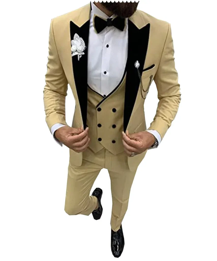 Color: Gold, Size: XXS – Suits for Mens 2024 Casual Business Suit High-end Social Formal Suit 3 Pcs Set Groom Wedding Men( Jacket + Vest + Pants )