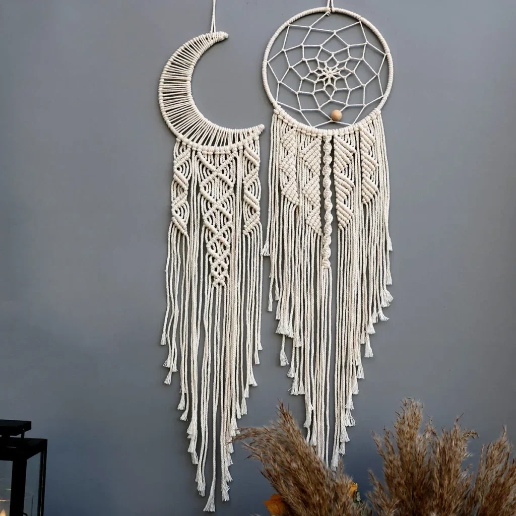 Color: Light Grey – Dream Catchers Boho Home Decor Macrame Handmade Wall Hangings Ramadan Baby Bedroom Nordic Room Kids Nursery Ornament Gift