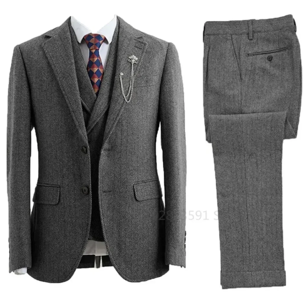 Color: Dark Grey, Size: L – 3 Piece Men Suit Tweed Herringbone Double-Breasted Wedding Tuxedos Size Men Clothing Casual Style Men’s Fashion Costume Homme