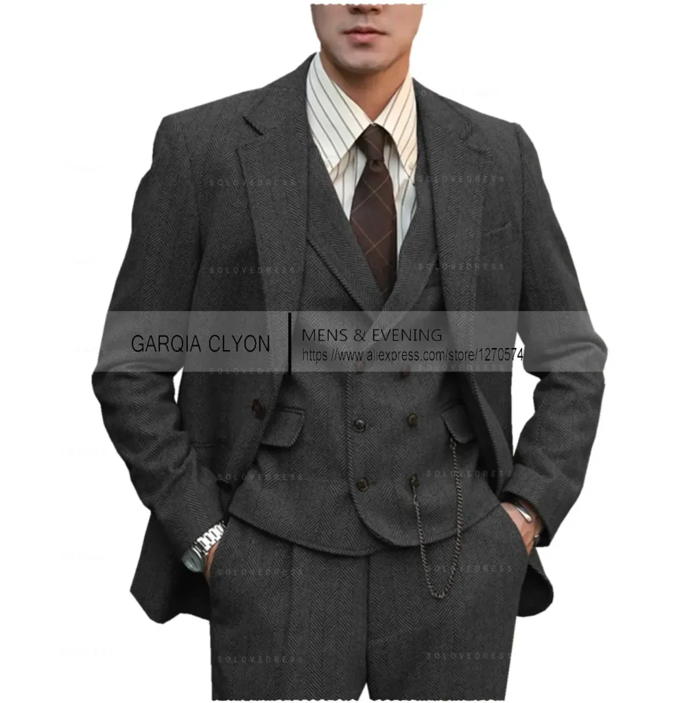 Color: black, Size: M – Tweed Herringbone 3 Pieces Herringbone Men’s Business Suits Single Breasted Slim Fit Groom  Formal Suits?&euro;Blazer+vest+Pants?&permil;