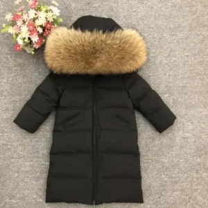 Color: Coffee, Kid Size: 4T - Children Girl boy Winter real fur thickened down jackets 90 down Long Coat jacket overcoat baby kids clothing -30 outwear ws1245