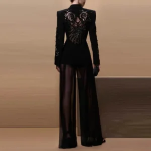 HIGH QUALITY New Fashion 2025 Designer Suit Set Women's Gauze Patchwork Beaded Blazer Chiffon Pants 2cs Set