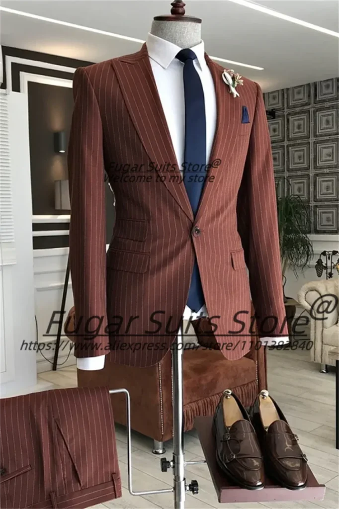 Color: Blue, Size: L – Wine Red Stripe Wedding Suits For Men Slim Fit Peak Lapel Groom Party Tuxedos 2 Pieces Sets Business Male Blazers Costume Homme