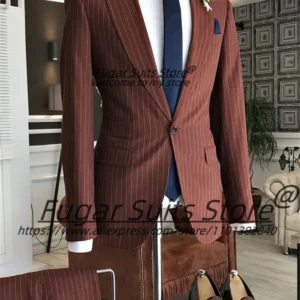 Color: Blue, Size: L - Wine Red Stripe Wedding Suits For Men Slim Fit Peak Lapel Groom Party Tuxedos 2 Pieces Sets Business Male Blazers Costume Homme