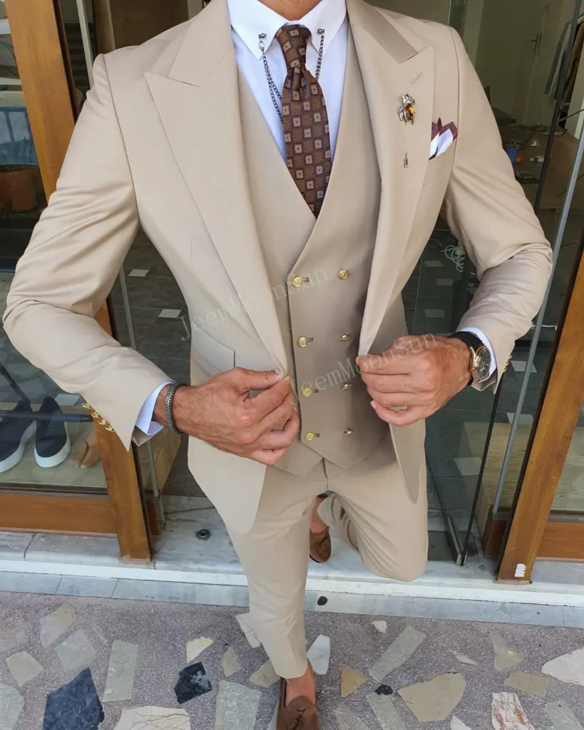 Color: Khaki, Size: L, Ships From: CHINA – 3 Pieces New White Men’s Suit 2022  Peak Lapel Slim Fit Casual Tuxedos Groom Tailor Made Terno Masculino (Blazer+Pants+Vest)