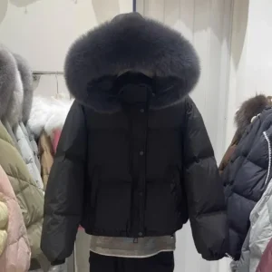 Color: black, Size: M - Short Loose Coat 2024 Winter New Fashion White Duck Down Coat for Women Down Coat Real Big Fur Collar Hooded Coat for Women