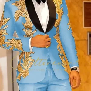 Color: SKY BLUE, Size: One Size - Luxury Groom Wedding Tuxedos Gold Sequins Appliques Black Men Suits Slim Fit Costume Homme Marriage Prom Suits