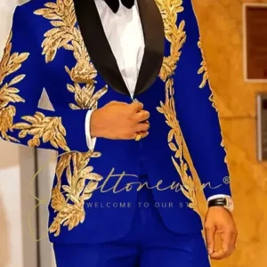 Color: ROYAL BLUE, Size: One Size - Luxury Groom Wedding Tuxedos Gold Sequins Appliques Black Men Suits Slim Fit Costume Homme Marriage Prom Suits