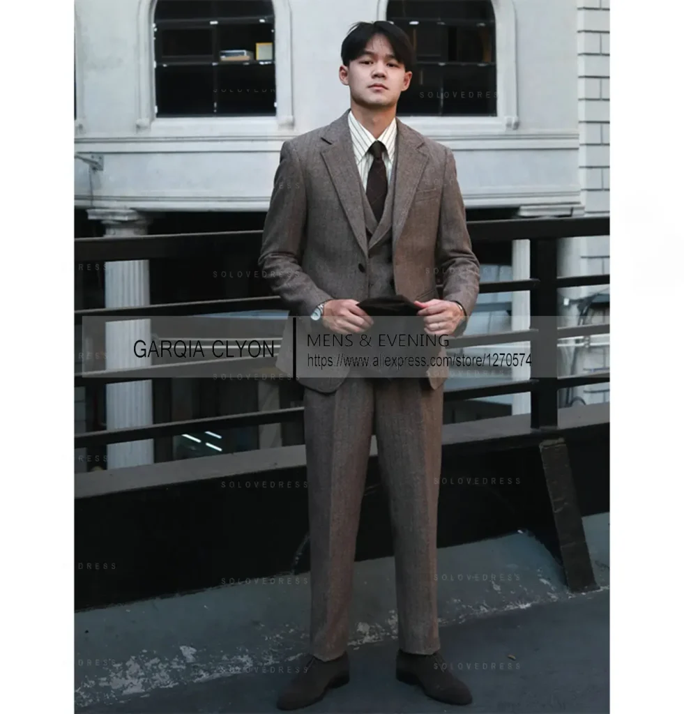 Color: black, Size: M – Tweed Herringbone 3 Pieces Herringbone Men’s Business Suits Single Breasted Slim Fit Groom  Formal Suits?&euro;Blazer+vest+Pants?&permil;