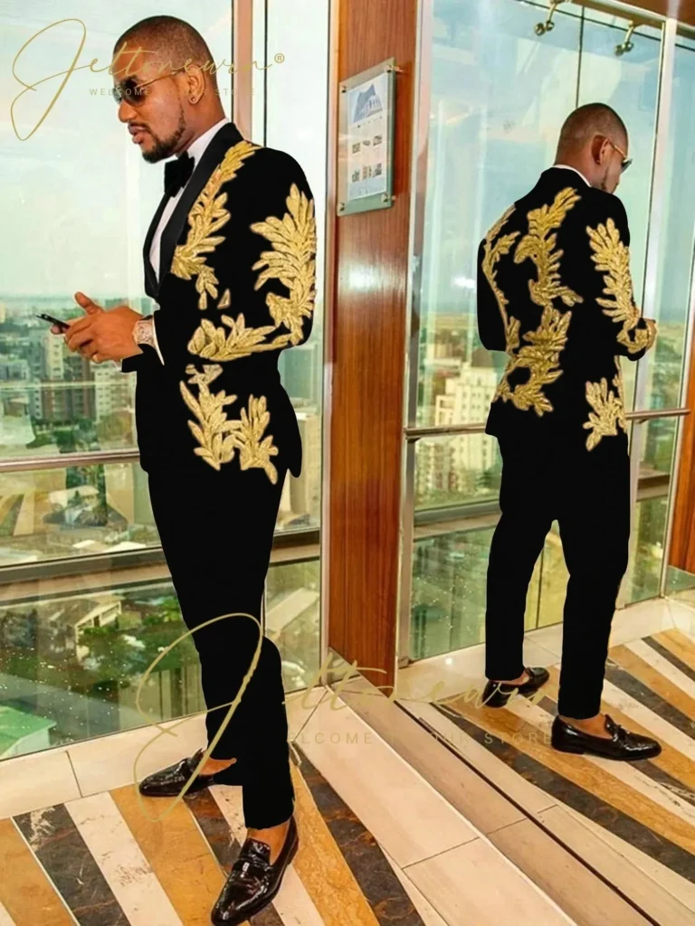 Color: ROYAL BLUE, Size: One Size – Luxury Groom Wedding Tuxedos Gold Sequins Appliques Black Men Suits Slim Fit Costume Homme Marriage Prom Suits