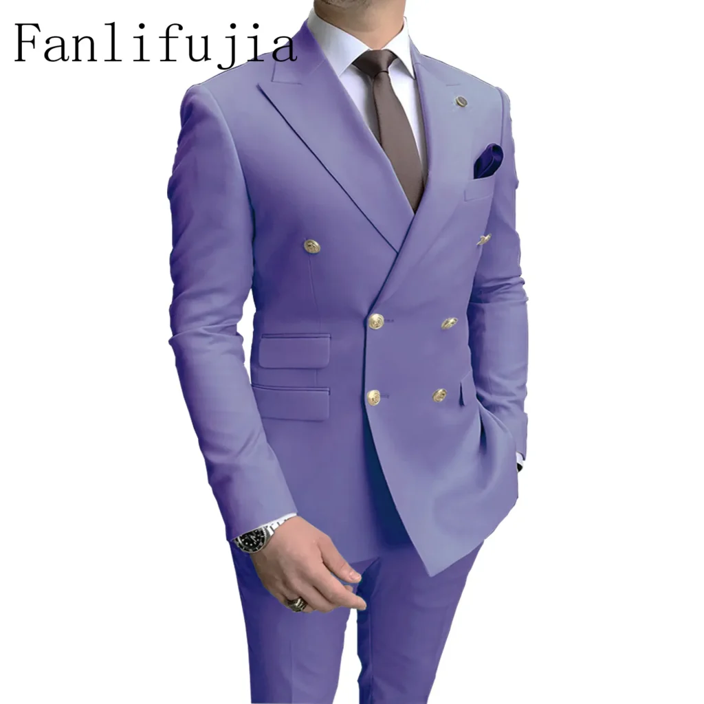 Color: GRAY, Size: 5XL – Fanlifujia Store 2024 Casual Sky Blue Men Suits Double Brested Peak Lapel  Gold Button Groom Wedding Tuxedos Best Costume Homme