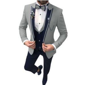Color: Light Gray, Size: XXL - Men's Color Matching Business Casual Suit Three-piece Set