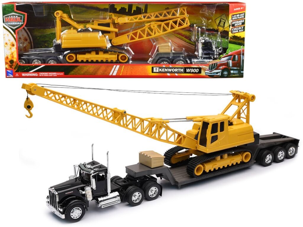 Kenworth W900 Truck with Lowboy Trailer Black and Crane Yellow “Long Haul Trucker” Series 1/32 Diecast Model by New Ray