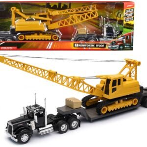 Kenworth W900 Truck with Lowboy Trailer Black and Crane Yellow "Long Haul Trucker" Series 1/32 Diecast Model by New Ray