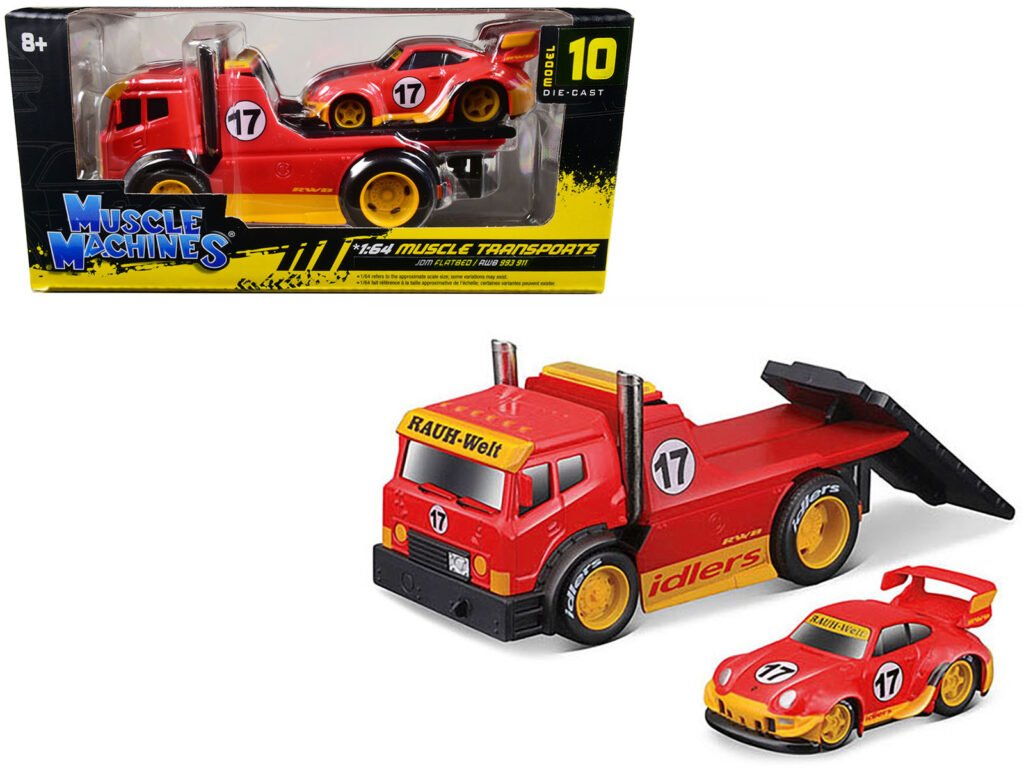 JDM Flatbed Truck #17 Red “RAUH-Welt BEGRIFF” and Porsche RWB 911 993 #17 Red “Muscle Transports” Series 1/64 Diecast Model Cars by Muscle Machines