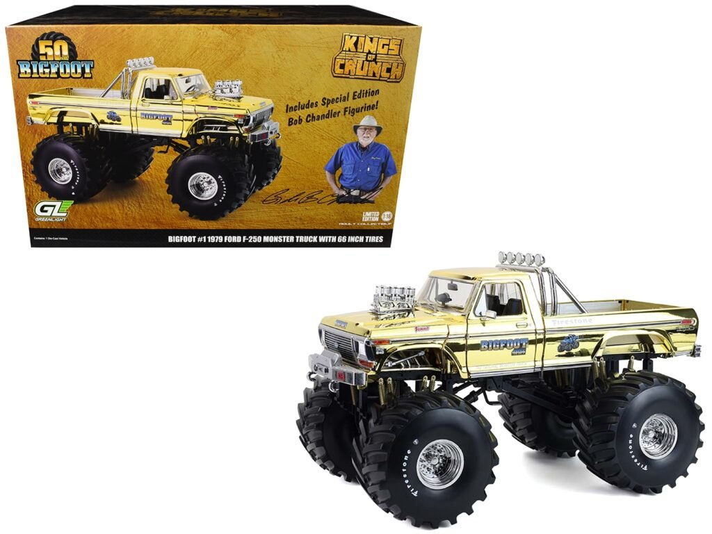 1979 Ford F-250 Monster Truck “Bigfoot #1 50th Anniversary” Gold Chrome with Bob Chandler Standing Figure “Kings of Crunch” Series 1/18 Diecast Model Car by Greenlight