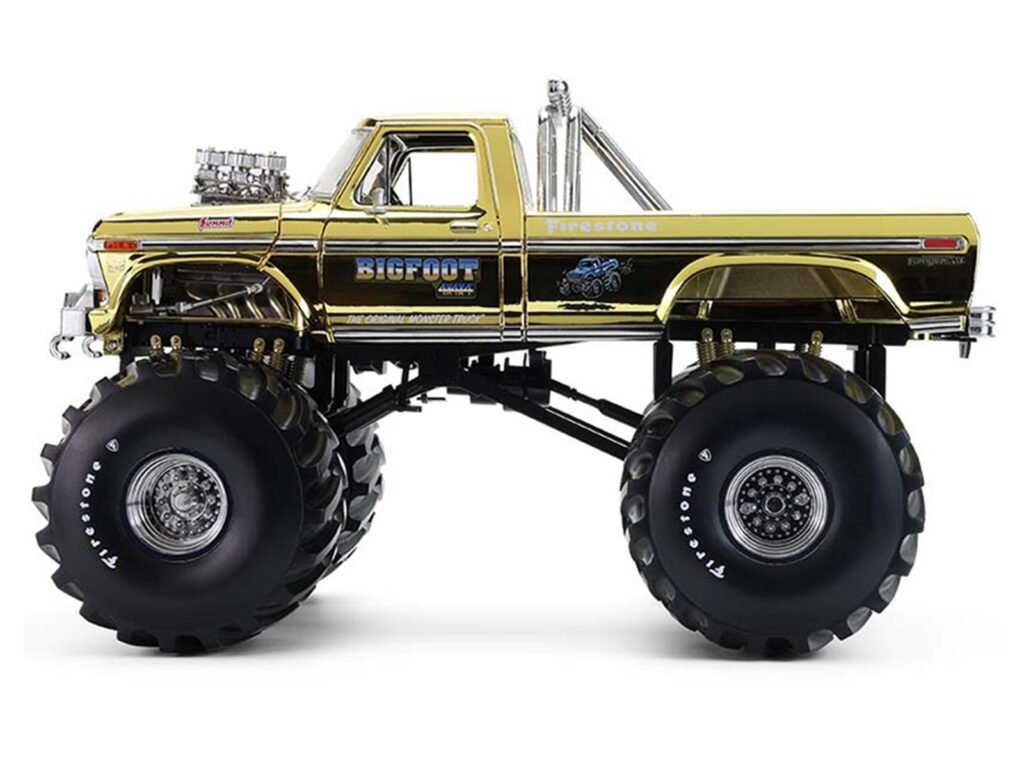1979 Ford F-250 Monster Truck “Bigfoot #1 50th Anniversary” Gold Chrome with Bob Chandler Standing Figure “Kings of Crunch” Series 1/18 Diecast Model Car by Greenlight
