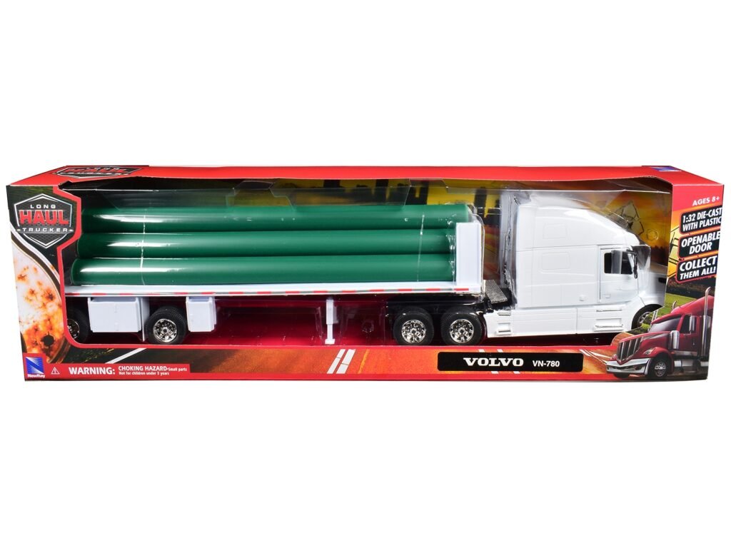 Volvo VN-780 Truck with Flatbed Trailer and Long Pipes White “Long Haul Truckers” Series 1/32 Diecast Model by New Ray