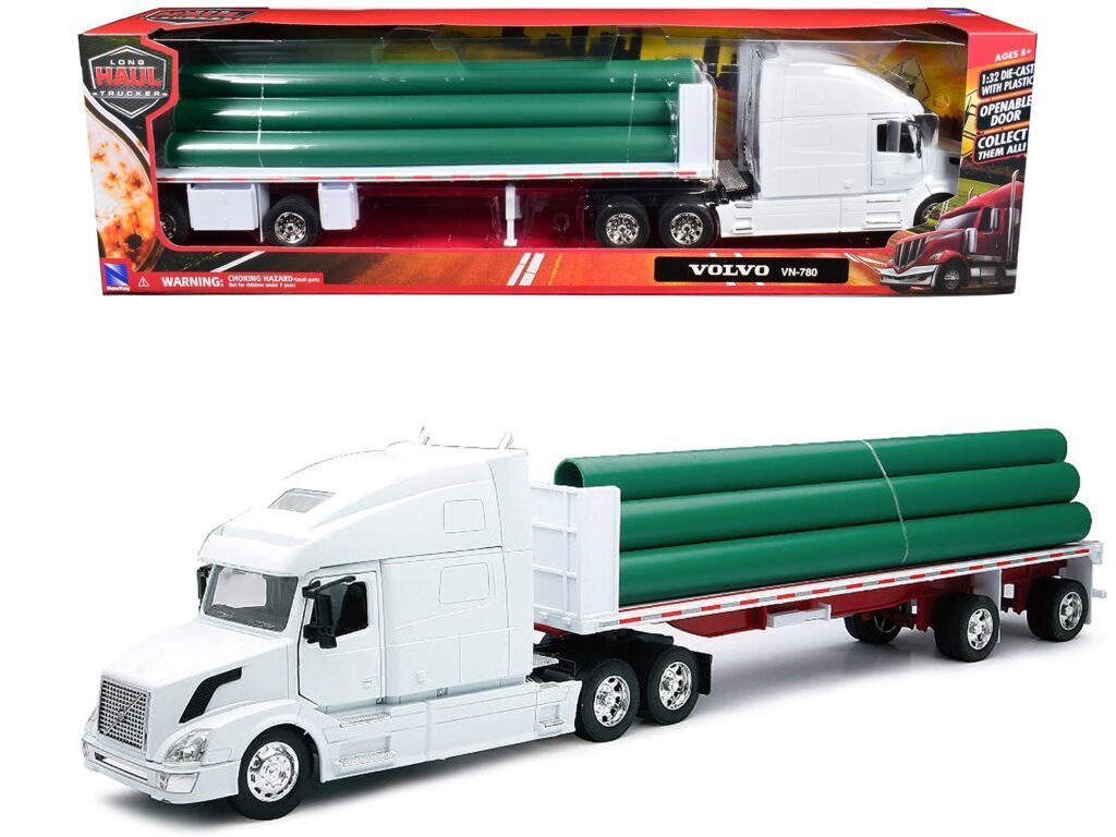 Volvo VN-780 Truck with Flatbed Trailer and Long Pipes White “Long Haul Truckers” Series 1/32 Diecast Model by New Ray