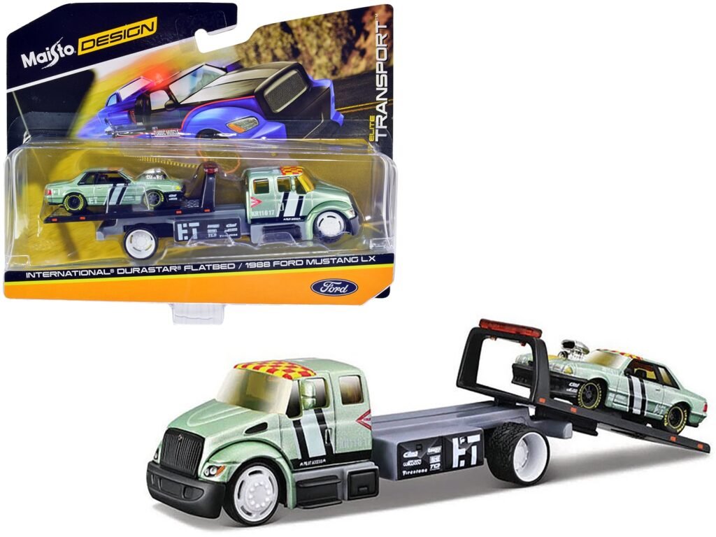 International DuraStar Flatbed Truck #17 and 1988 Ford Mustang LX #17 Light Green Metallic with Stripes and Graphics “Elite Transport” Series 1/64 Diecast Models by Maisto