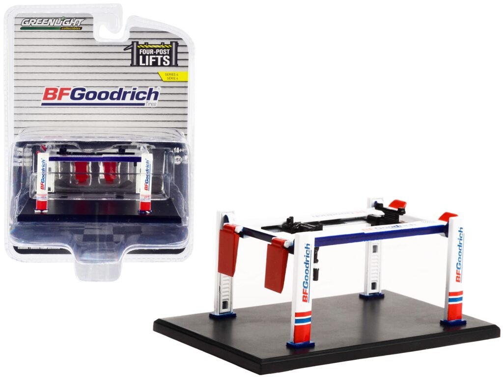 Adjustable Four-Post Lift “BFGoodrich” White and Red “Four-Post Lifts” “Four-Post Lifts” Series 4 1/64 Diecast Model by Greenlight