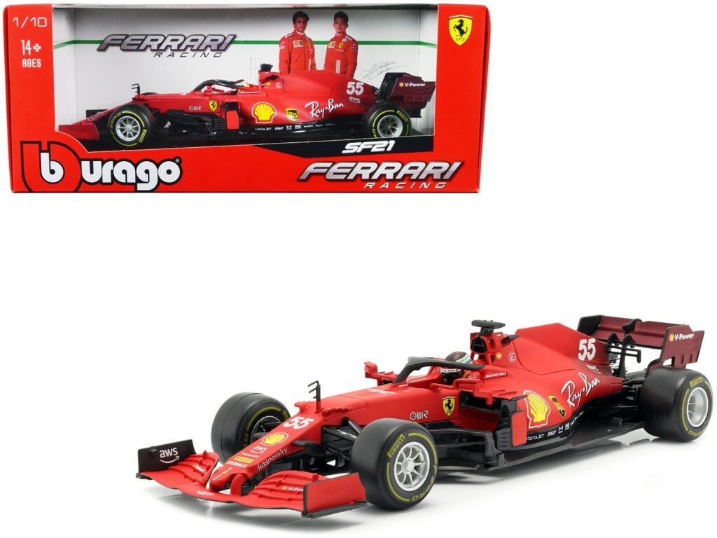 Ferrari SF21 #55 Carlos Sainz Formula One F1 Car “Ferrari Racing” Series 1/18 Diecast Model Car by Bburago