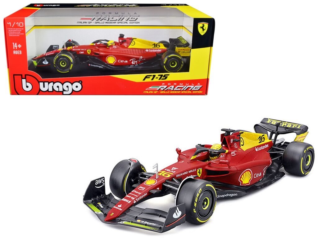 Ferrari F1-75 #16 Charles Leclerc “Giallo Modena” 2nd Place Formula One F1 Italian GP (2022) “Formula Racing” Series 1/18 Diecast Model Car by Bburago