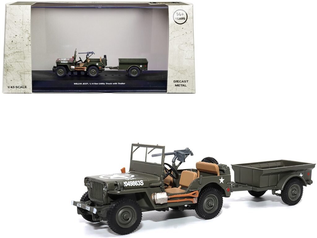 Willys Jeep 1/4-Ton Utility Truck Olive Drab with Trailer “United States Army” 1/43 Diecast Model by Militaria Die Cast