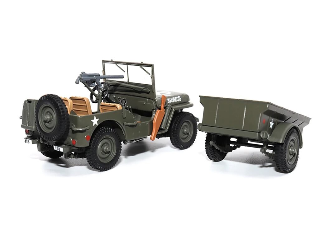 Willys Jeep 1/4-Ton Utility Truck Olive Drab with Trailer “United States Army” 1/43 Diecast Model by Militaria Die Cast
