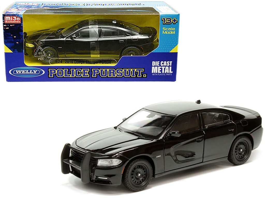 2016 Dodge Charger Pursuit Police Interceptor Black Unmarked “Police Pursuit” Series 1/24 Diecast Model Car by Welly