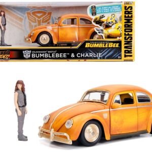Volkswagen Beetle Weathered Yellow with Robot on Chassis and Charlie Diecast Figurine "Bumblebee" (2018) Movie ("Transformers" Series) "Hollywood Rides" Series 1/24 Diecast Model Car by Jada