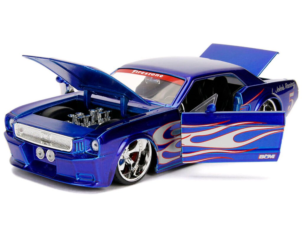 1965 Ford Mustang #5 “L. John’s Racing” Candy Blue with Flame Graphics “Bigtime Muscle” Series 1/24 Diecast Model Car by Jada
